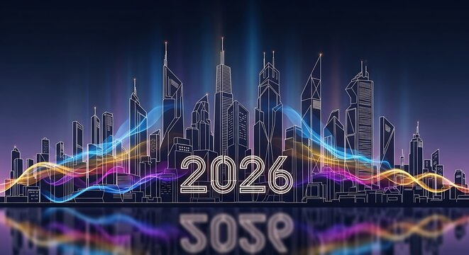 Futuristic Cityscape with 2026 Year Displayed, Urban Skyline