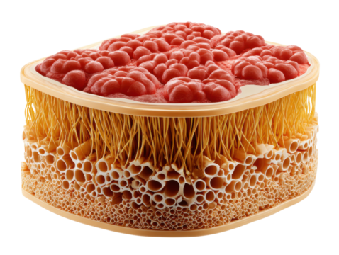 Close-Up of Organic Structure: An intricate, cross-sectional view of an organic entity, revealing the complex internal structure with cellular patterns and textures. 