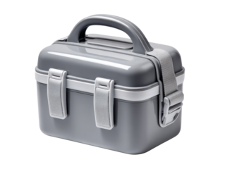 Modern grey case: A close-up shot of a contemporary grey case, featuring a sturdy handle, secure latches, and a sleek, modern design that is perfect for carrying items.