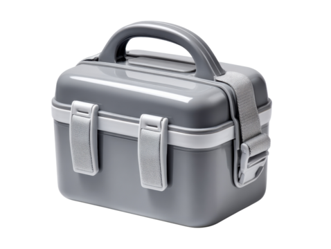 Modern grey case: A close-up shot of a contemporary grey case, featuring a sturdy handle, secure latches, and a sleek, modern design that is perfect for carrying items.