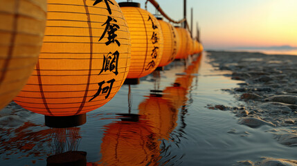 Obraz premium Beautiful lanterns float on water during Chinese festival, creating serene atmosphere as sun sets. poem of light dances in evening breeze
