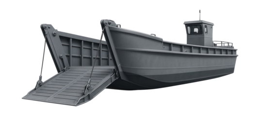 Sturdy landing craft featuring a reinforced bow and hydraulic ramp.
