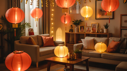 Cozy Living Room with Red and Yellow Lanterns Celebrating Chinese New Year Warmth and Togetherness