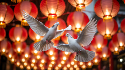 White Doves in Flight Amid Glowing Lanterns Celebrating Chinese New Year Peace and Celebration