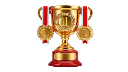Golden Trophy and Medals: A shining gold trophy and two matching medals hang together symbolizing first place. They are a testament to achievement and victory, embodying excellence and reward.