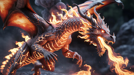 Fire-Breathing Lava Dragon with Glowing Cracks in Smoky Night Celebrating Chinese New Year Power and Myth