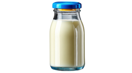 Classic Dairy Delight: A traditional glass bottle filled with creamy, fresh milk, the blue cap providing a touch of color and nostalgia.