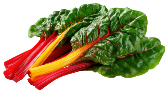 Colorful Swiss Chard Display: Vibrant leaves of Swiss chard, showcasing a spectrum of colors, including deep red, bright yellow and lush green. It is an appetizing display of a healthy.