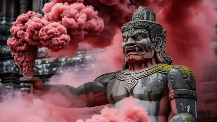 Fierce Red and Gold Warrior Statue with Smoke Flare Celebrating Chinese New Year Strength and Legacy