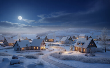 Enchanting winter village scene under a luminous moon, cozy cottages glow with warmth amid the serene snowy landscape