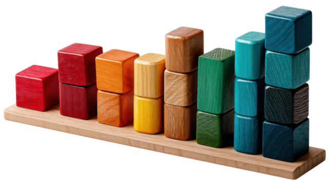 Colorful Wooden Cubes: An arrangement of vibrant, wooden cubes arranged in ascending order on a wooden base, showcasing the beauty of structure and organization.