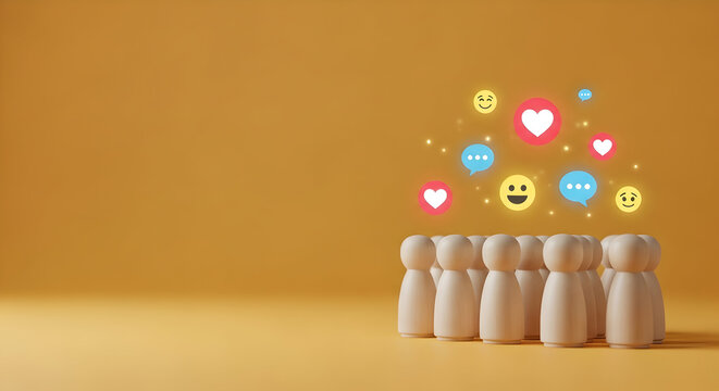 Captivating 3D render showcases a group of wooden figures under a vibrant array of social media icons, symbolizing connection and community engagement.