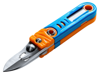 Precision in Hand: A detailed view of a multi-functional pocket knife, with a bright orange and blue handle, showcasing the sharp blade and compact design.