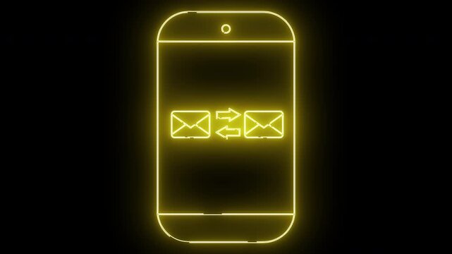 A neon yellow outline of a phone showing email transfer is on a black background