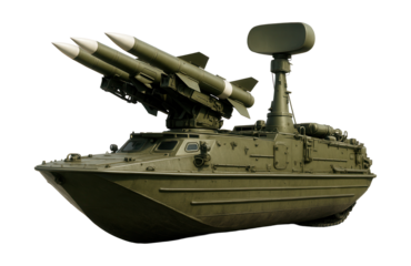Amphibious vehicle equipped with anti-aircraft missiles and navigation radar.