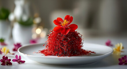 Close up of a red dessert with a flower on top served on a white plate with flowers around it