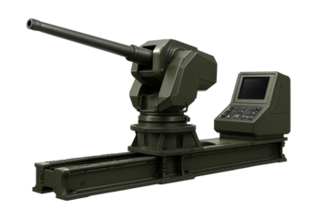 Rail-mounted anti-aircraft system with dual-axis movement and built-in control station.