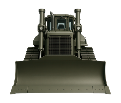 Tracked armored dozer with front blade and rear ripper attachment.