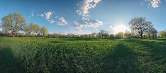 Panoramic view of a serene green meadow under a bright blue sky during daytime