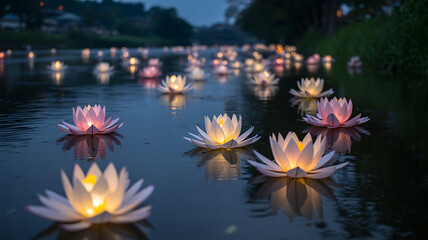 Floating Lotus Lanterns on Tranquil Water at Twilight Celebrating Chinese New Year Peace and Light