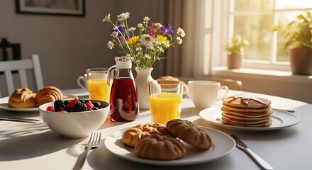 Breakfast Food Pancakes, Juice, and Berries on Table
