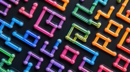 Vibrant geometric designs of interlocking plastic shapes on black background