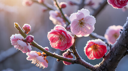 Frost-Kissed Pink Blossoms on Branch Celebrating Chinese New Year Resilience and Renewal