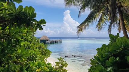 Picturesque Tropical Beach Scene with Overwater Bungalow and Palm Trees