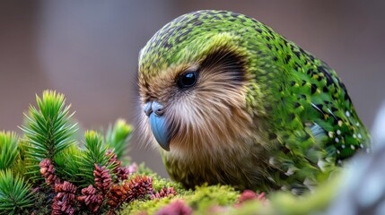 A close-up portrait of a Kakapo parrot with vibrant green plumage, perched on a mossy branch surrounded by pine needles and small red cones. The lighting is sof