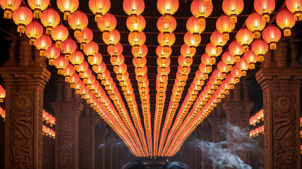 Symmetrical Rows of Red Lanterns in Temple Hall Celebrating Chinese New Year Grandeur