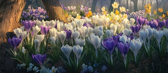 Enchanting Spring Meadow, A Symphony of Crocuses and Daffodils in Bloom