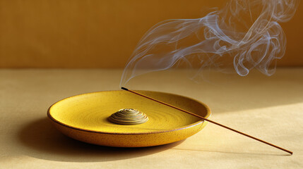 Obraz premium Beautiful incense holder with spiral design releases delicate smoke in morning light creating serene atmosphere