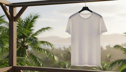 Obraz premium White t shirt hanging on a hanger outdoors with tropical scenery