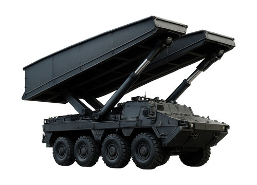 Armored bridge vehicle featuring segmented sections and hydraulic lift arms.
