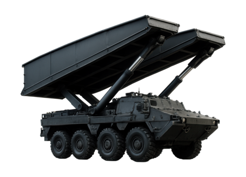 Armored bridge vehicle featuring segmented sections and hydraulic lift arms.