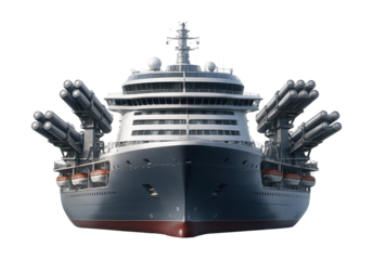 Cruise ship featuring several missile launchers and side-mounted lifeboats.
