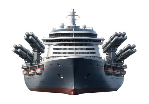 Cruise ship featuring several missile launchers and side-mounted lifeboats.