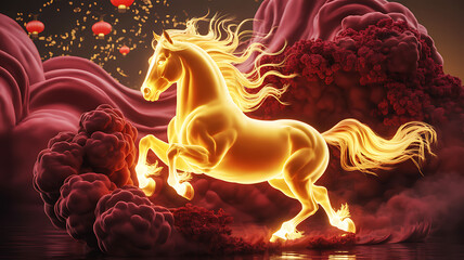 Glowing Golden Horse Galloping Through Red Clouds for Chinese New Year Celebration