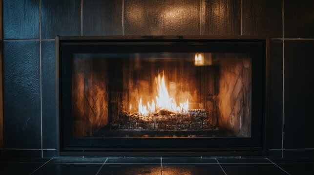 Modern fireplace with black frame and glass cover, glowing flames in the center, set against dark tiles. Creating a cozy and warm atmosphere perfect for relaxation and comfort in a contemporary home. - Powered by Adobe