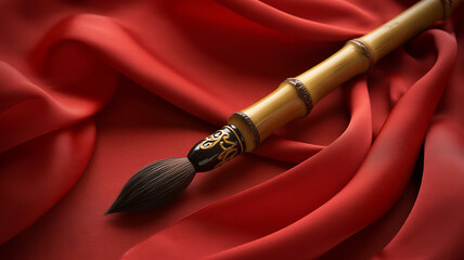 Ornate Calligraphy Brush on Red Silk Celebrating Chinese New Year Artistic Heritage