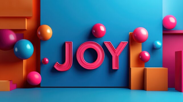 Abstract 3D scene with word JOY, vibrant colors. Possible use for branding, advertising