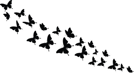 Set of flying black silhouette butterflies creating a diagonal swarm pattern, elegant natural spring design element or decorative border vector illustration isolated on white.