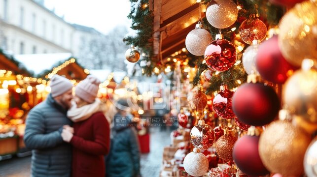 Romantic couple at a festive Christmas market with glowing holiday ornaments and bokeh lights