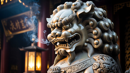 Fierce Guardian Lion Statue with Mystical Smoke in Front of Chinese Temple for New Year