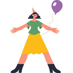 Happy Birthday Celebration With A Woman Wearing A Party Hat Holding A Purple Balloon And A Yellow Skirt Arms Wide Open Isolated On Transparent Background