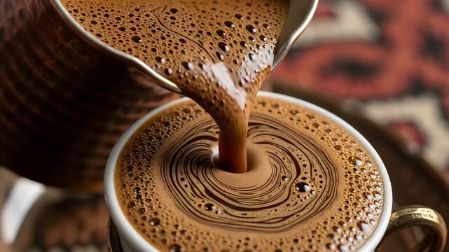 Freshly brewed coffee pouring from a ceramic pot into a white coffee cup