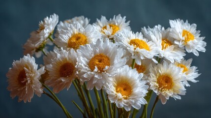 A close-up shot of a bouquet of white daisies with bright yellow centers, slightly dewy, against a dark blue-gray background.  The focus is sharp on the flowers, creating a vibrant and detailed image