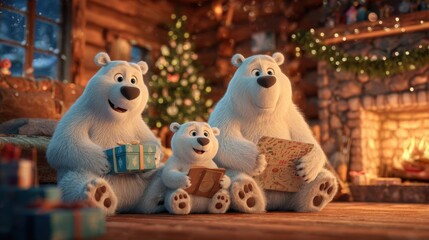 Family of White Polar Bears in Cozy Christmas Cabin with Gifts and Fireplace