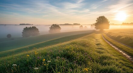 Stunning sunrise over misty fields with wildflowers and trees, a peaceful rural escape perfect for travel inspiration and serene backgrounds, bringing tranquility