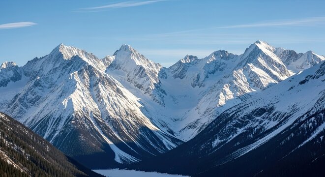 Majestic snow-capped mountains soar against a bright blue sky, promising adventure and breathtaking views for travel brochures and winter sports promotions